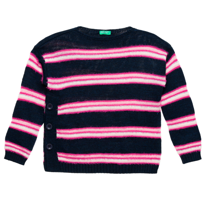 Плетен пуловер с розови райета, тъмно син  213043
