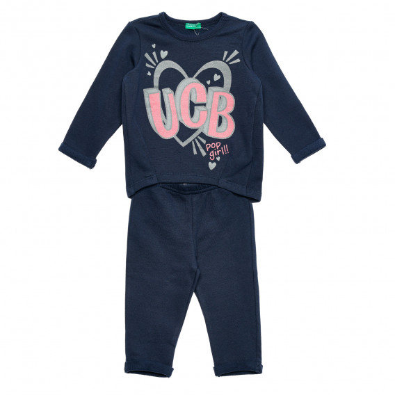 Памучен комплект от две части блуза с дълъг ръкав и панталон за бебе, тъмно син Benetton 214674 