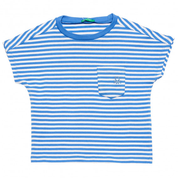 Памучна блуза с къс ръкав и логото на марката в бяло и синьо Benetton 215767 