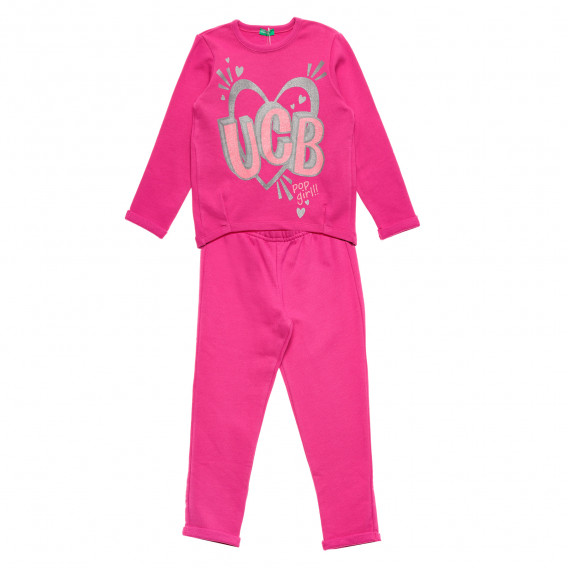 Памучен комплект от блуза с дълъг ръкав и панталон, розов Benetton 215980 