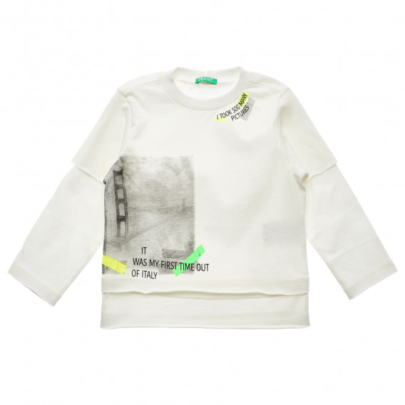 Памучна блуза с дълъг ръкав и надпис, бяла Benetton 216087 