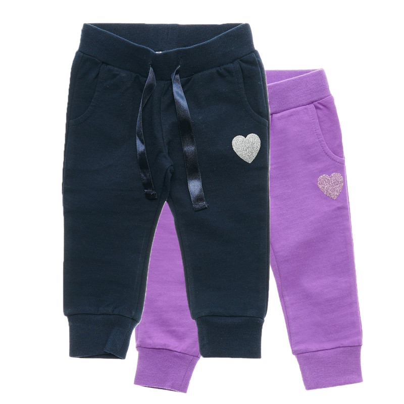2 броя спортен памучен панталон със сърчице за момиче лилав и черен  216630