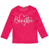 Памучна блуза с дълъг ръкав и надпис на бранда, розова Benetton 217016 