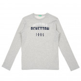 Памучна блуза с  дъдлъг ръкав и надпис на бранда, сива Benetton 217539 