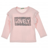 Памучна блуза с надпис Lovely, розова Benetton 217648 