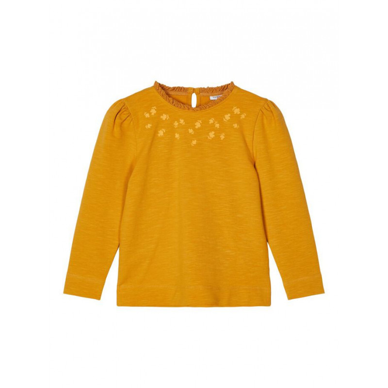 Памучна блуза с буфан ръкави и къдрички, жълта  218020
