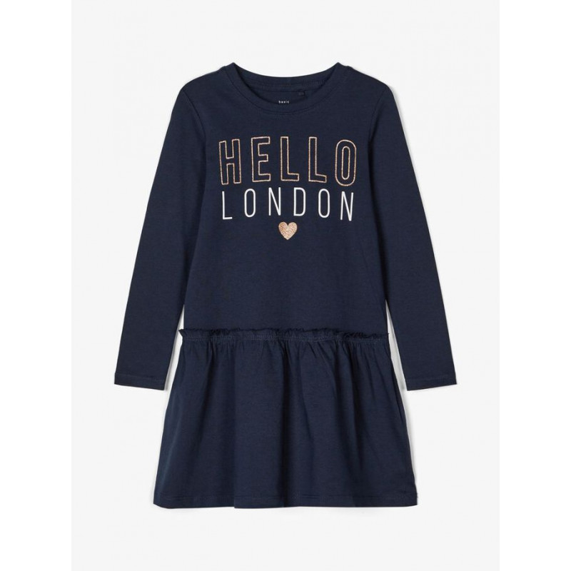 Памучна рокля с надпис Hello London, синя  218305