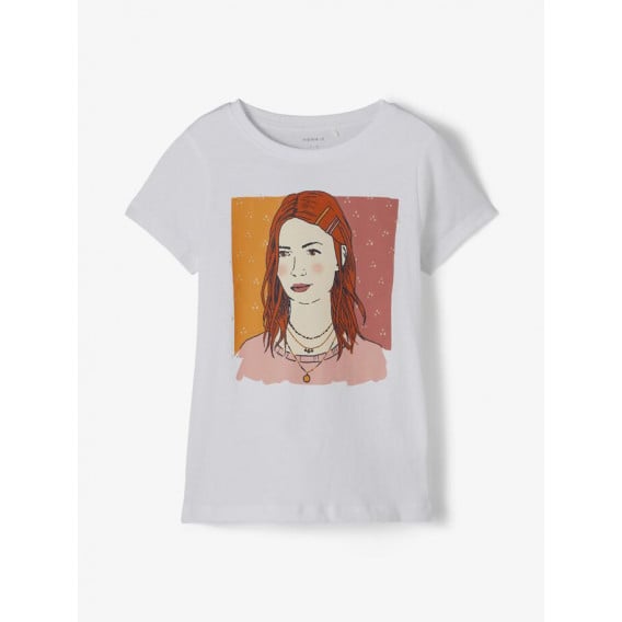Тениска от органичен памук с принт на момиче, бяла Name it 218389 