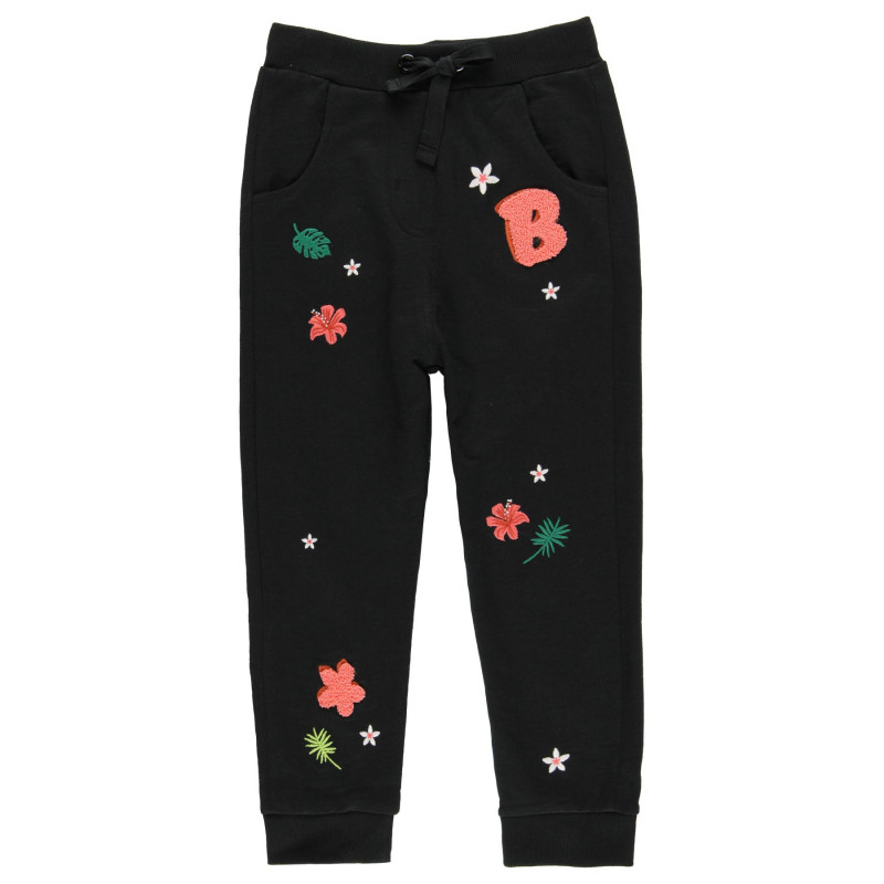Памучен панталон с флорална щампа, черен  219201