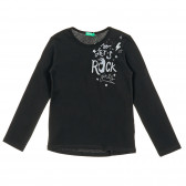 Памучна блуза с дълъг ръкав и надпис So let's Rock, черна Benetton 221351 
