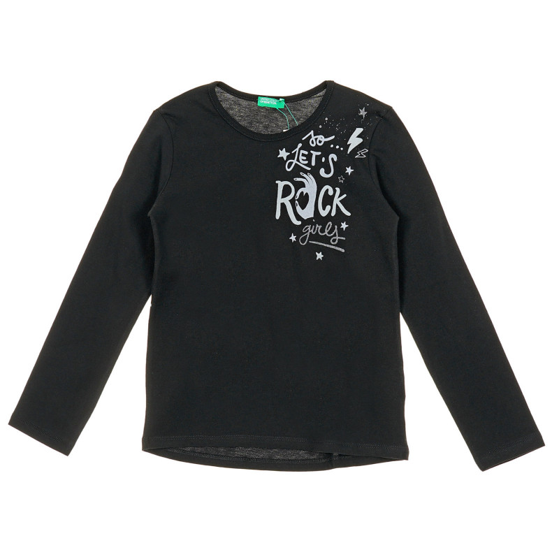 Памучна блуза с дълъг ръкав и надпис So let's Rock, черна  221351