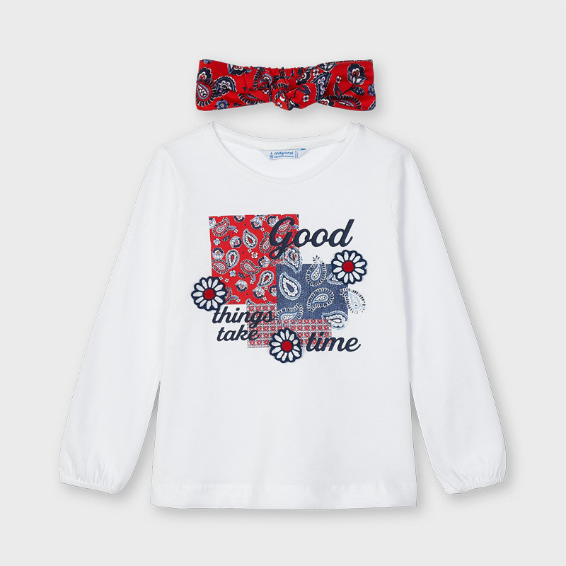 Памучен комплект блуза и лента за глава в бяло и червено  222477