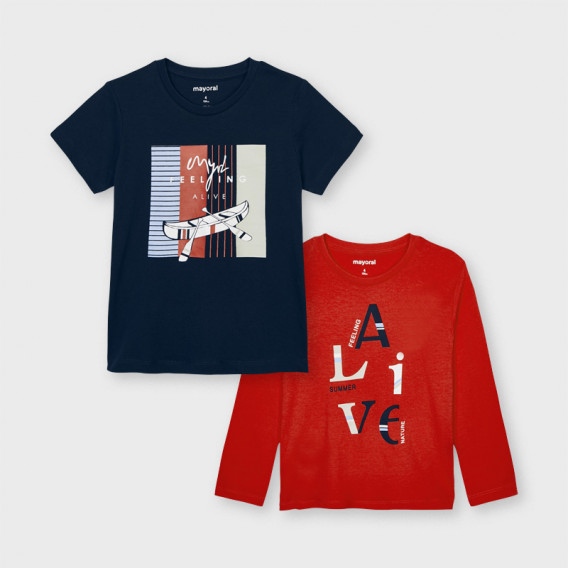 Памучен комплект тениска и блуза с дълъг ръкав в синьо и червено Mayoral 222510 