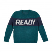 Пуловер с надпис Ready, зелен Benetton 223965 