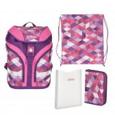 Раница в комплект с мешка и несесер в розово и лилаво, Motion Plus Pink Cubes за момиче Herlitz 224110 