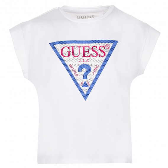 Памучна тениска с логото на бранда с камъчета, бяла Guess 224305 