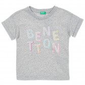 Памучна тениска с брокатен надпис, сива Benetton 224442 