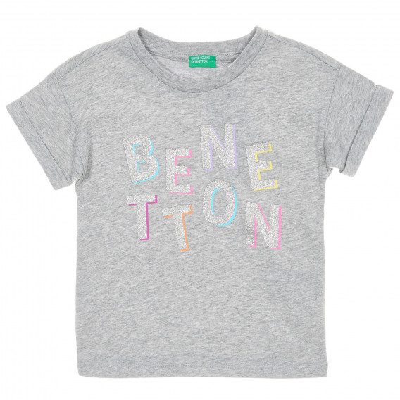 Памучна тениска с брокатен надпис, сива Benetton 224442 