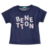 Памучна блуза с къс ръкав и брокатен надпис, тъмно синя Benetton 224530 