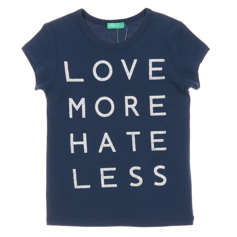 Памучна блуза с къс ръкав и надпис love more hate less, тъмно синя  224549