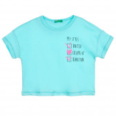 Памучна тениска с надпис за бебе, светло синя Benetton 224739 