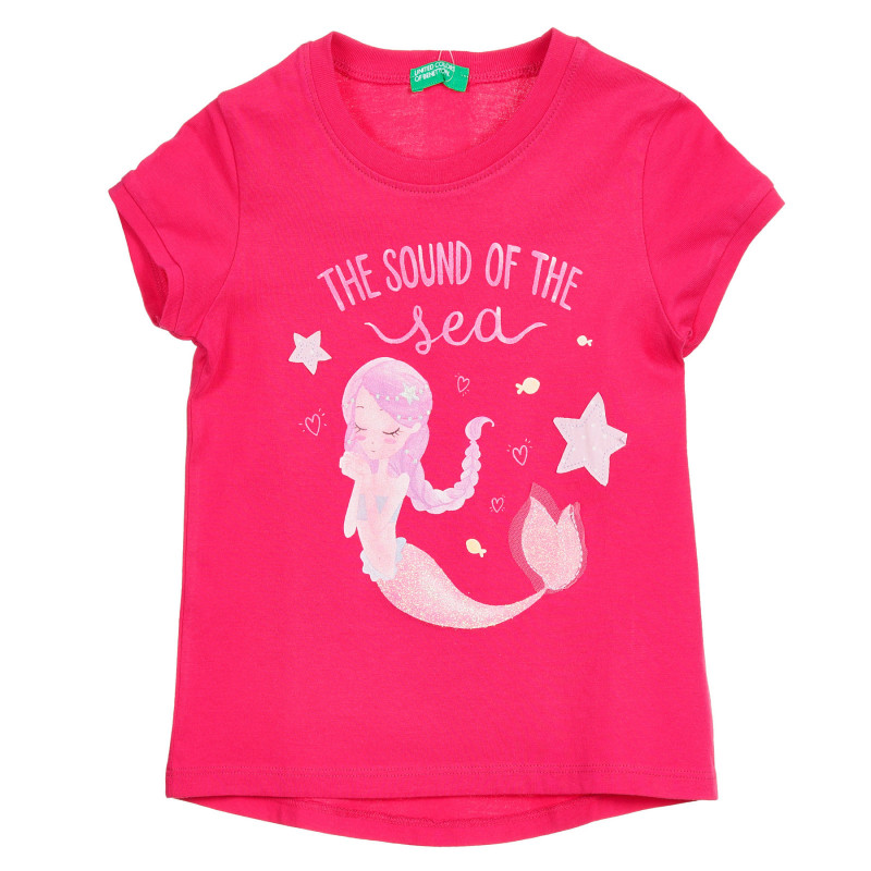 Памучна тениска с щампа на русалка, розова  224815