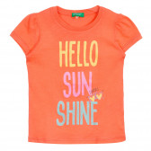 Памучна тениска с надпис Hello sun shine, оранжева Benetton 224955 