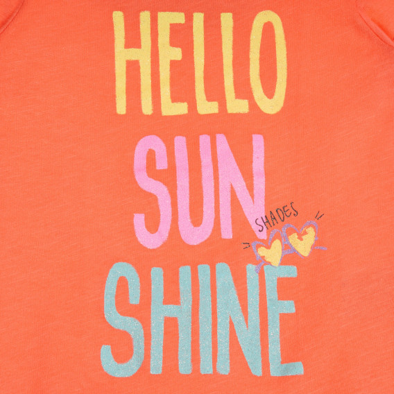 Памучна тениска с надпис Hello sun shine, оранжева Benetton 224956 2