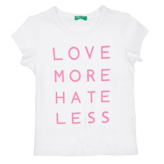 Памучна блуза с къс ръкав и надпис love more hate less, бяла Benetton 225103 