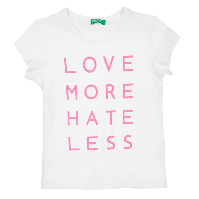 Памучна блуза с къс ръкав и надпис love more hate less, бяла  225103