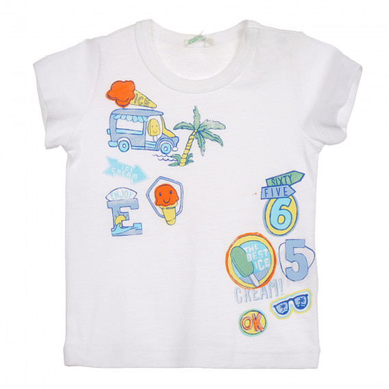 Памучна тениска с цветна щампа за бебе, бяла Benetton 225249 