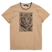 Памучна тениска с апликация на тигър, бежова Sisley 225282 