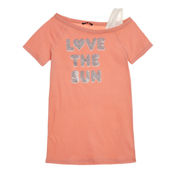 Памучна тениска с брокатен надпис Love the sun, розова Sisley 225285 