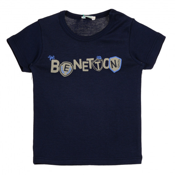 Памучна тениска с надпис на бранда за бебе, синя Benetton 225390 
