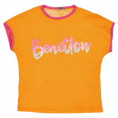 Памучна тениска с розови акценти и брокатен надпис, оранжева Benetton 225560 