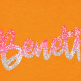 Памучна тениска с розови акценти и брокатен надпис, оранжева Benetton 225561 2