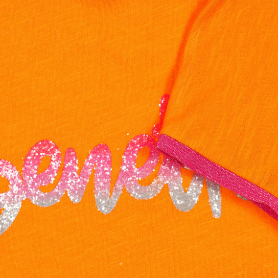 Памучна тениска с розови акценти и брокатен надпис, оранжева Benetton 225562 3