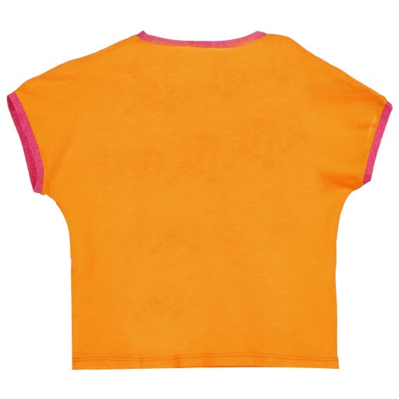 Памучна тениска с розови акценти и брокатен надпис, оранжева Benetton 225563 4
