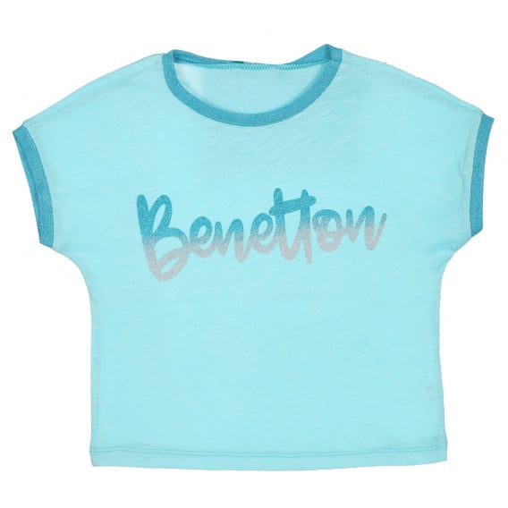 Памучна тениска с брокатен надпис, светлосиня Benetton 225568 