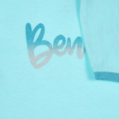 Памучна тениска с брокатен надпис, светлосиня Benetton 225570 3
