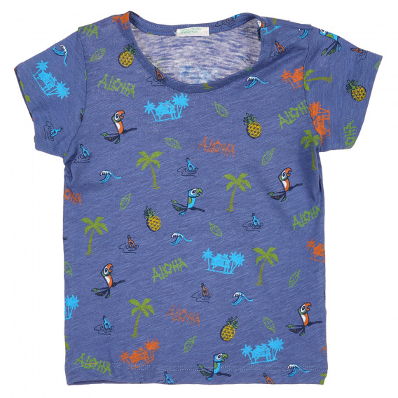 Памучна тениска с цветен принт за бебе, синя Benetton 225608 