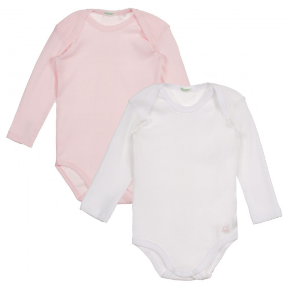 Комплект от два броя памучни бодита с дълъг ръкав за бебе, бяло и розово Benetton 226867 