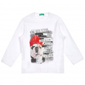Памучна блуза с щампа на куче за бебе, бяла Benetton 227845 