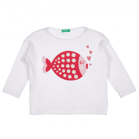 Памучна блуза с щампа на риба за бебе, бяла Benetton 227915 