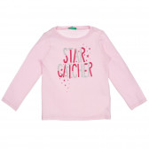 Памучна блуза с дълъг ръкав и брокатен надпис за бебе, розова Benetton 227951 