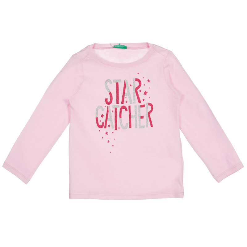 Памучна блуза с дълъг ръкав и брокатен надпис за бебе, розова  227951