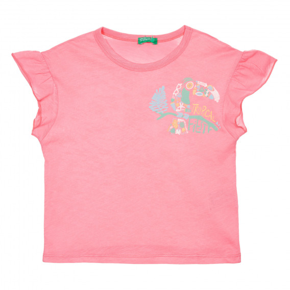 Памучна тениска с къдрички и принт, розова Benetton 228326 