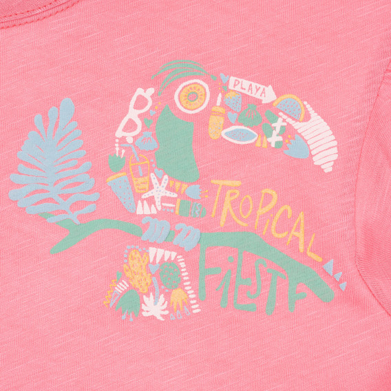 Памучна тениска с къдрички и принт, розова Benetton 228327 2