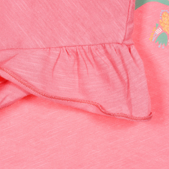 Памучна тениска с къдрички и принт, розова Benetton 228328 3