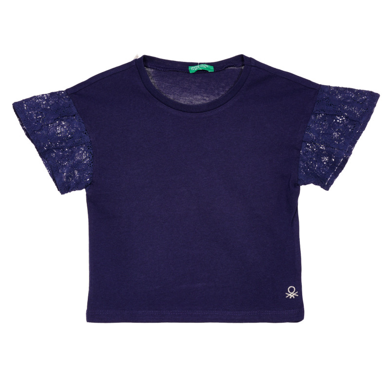 Памучна тениска с дантелени ръкави за бебе, тъмно синя  228386
